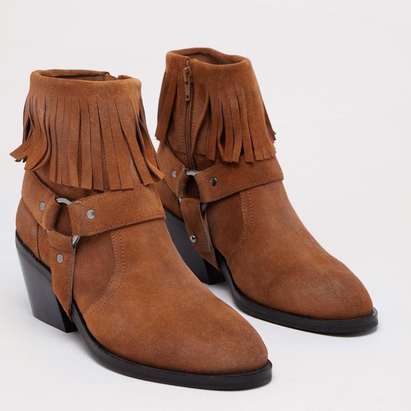 NEW Nasty Gal - Tarnished Suede Fringe Harness Ankle Cowboy boots Size 8 - Picture 4 of 5